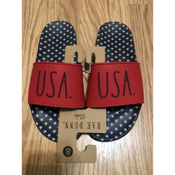 Rae Dunn Womens Slides USA Size 8 Red Blue White Stars 4th July Shoes Patriotic - Picture 1 of 6